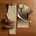 Men's Casual Brown Star Printed Polo Shirt And Pants Two-Piece Set