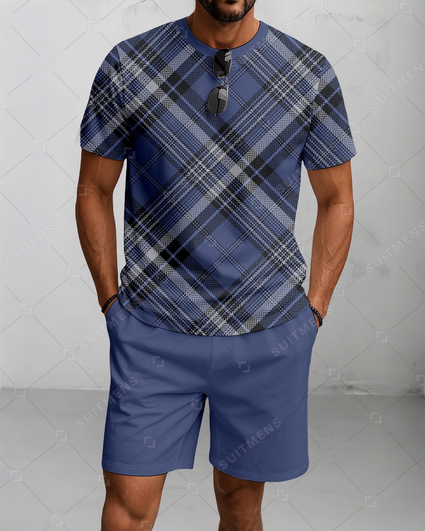 Men's Summer Colorblock Printed Round Neck Suit 054