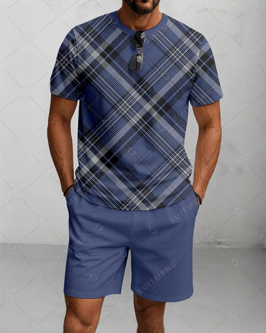 Men's Summer Colorblock Printed Round Neck Suit 054