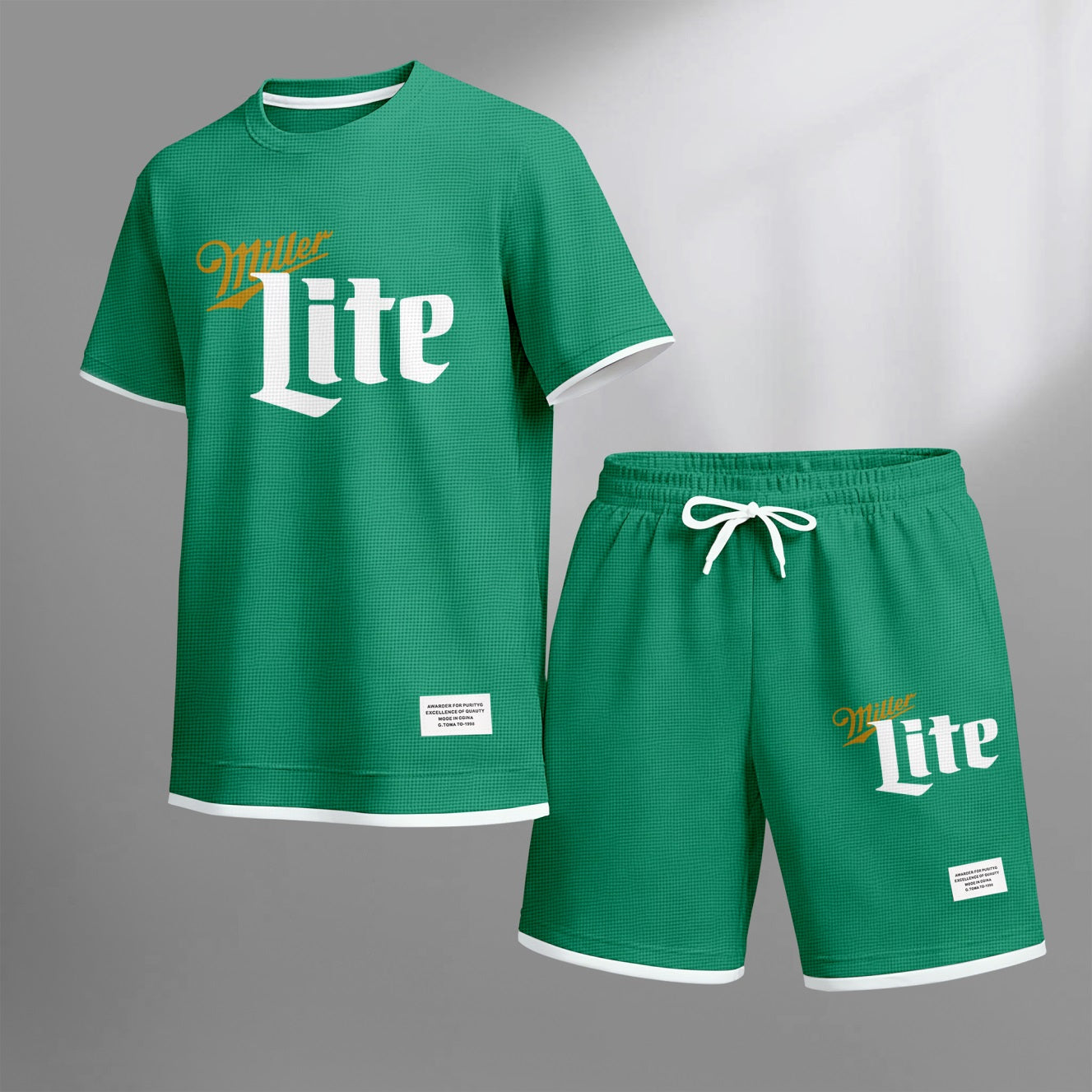 Men's Low-Calorie Beer Print Waffle Fabric Short-Sleeved Shirt And Shorts Set