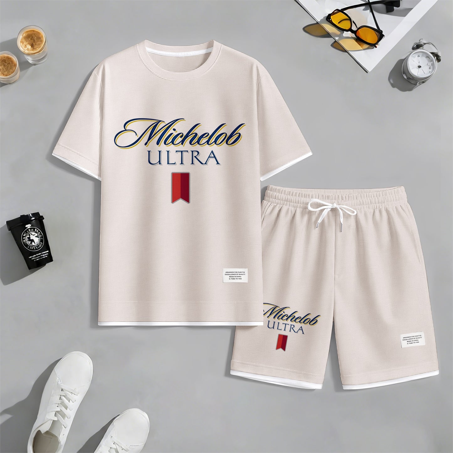 Men's Beer And Beverage Printed Drawstring Shorts Set, Suitable For Spring And Summer Wear, Casual Summer Set, Including Short-Sleeved Shirt And Shorts, Suitable For Everyday Wear And Sports 09