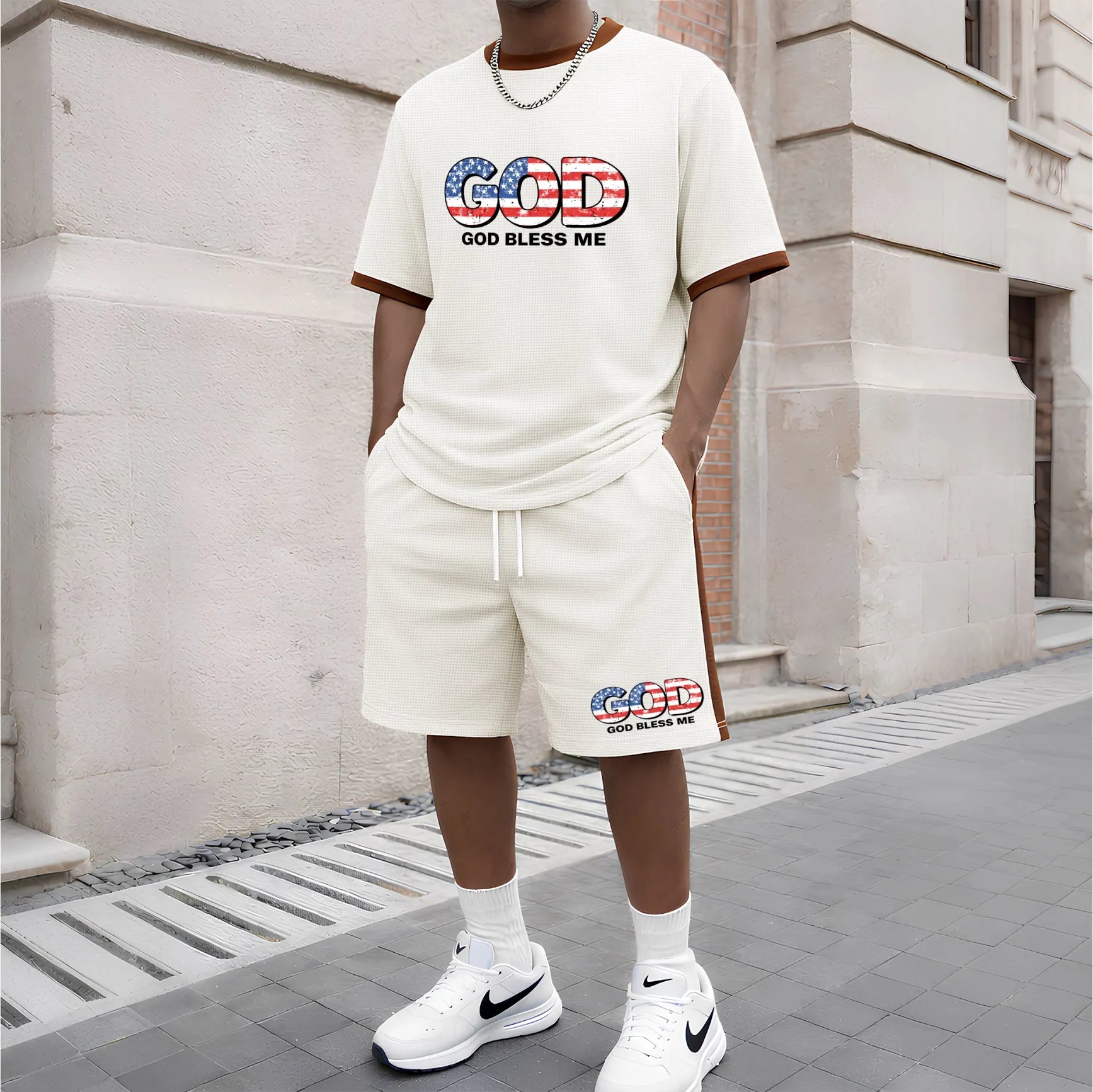 Men's God Graphic Short-Sleeved T-Shirt And Drawstring Shorts Set, Men's Clothing, Casual Sports Short-Sleeved Top And Shorts, Men's Summer Everyday Wear, Indoor And Outdoor Sportswear, Sports Set.
