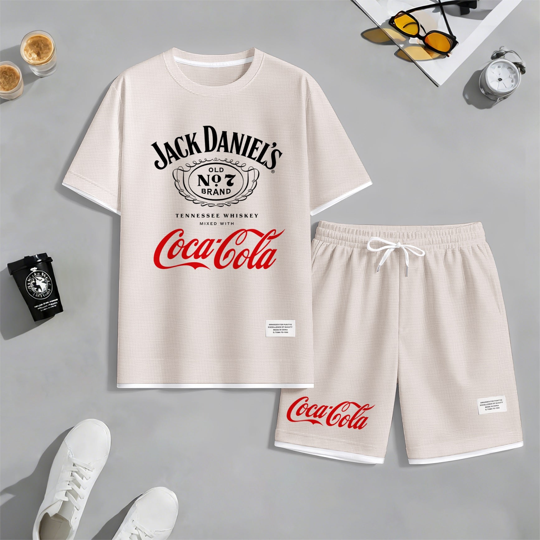 Men's Beer Print Drawstring Shorts Set, Suitable For Spring And Summer Wear, Casual Summer Set, Including Short-Sleeved Shirt And Shorts, Suitable For Everyday Wear And Sports 06