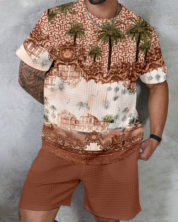 Men's textured waffle texture printed shorts Set 015