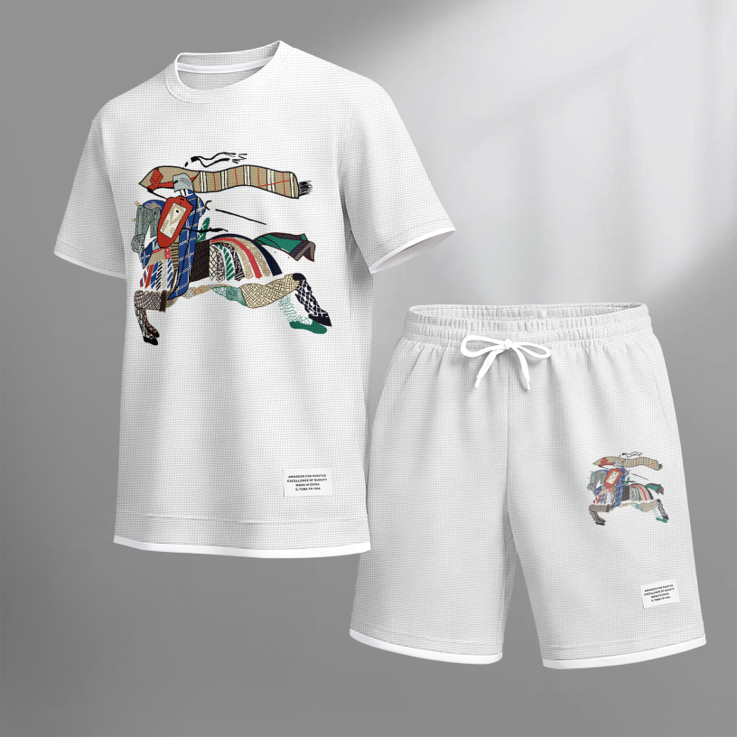 Men's Casual Style Knight Print Waffle Fabric Short-Sleeved Shirt And Shorts Set