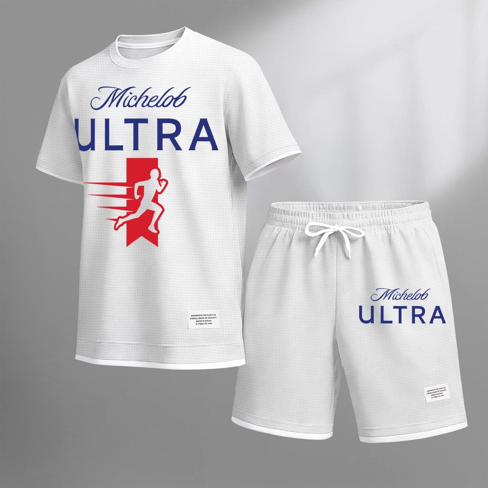 Men's vintage beverage print drawstring shorts set, suitable for spring and summer wear. This casual summer set includes a short-sleeved shirt and shorts, perfect for everyday wear and sports. Two-piece set design.