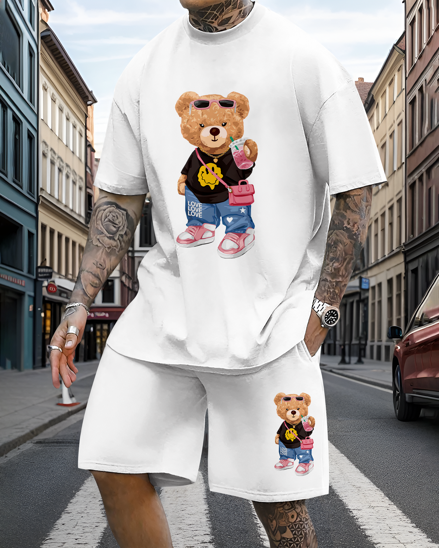 Men's casual fun bear print shorts set 603