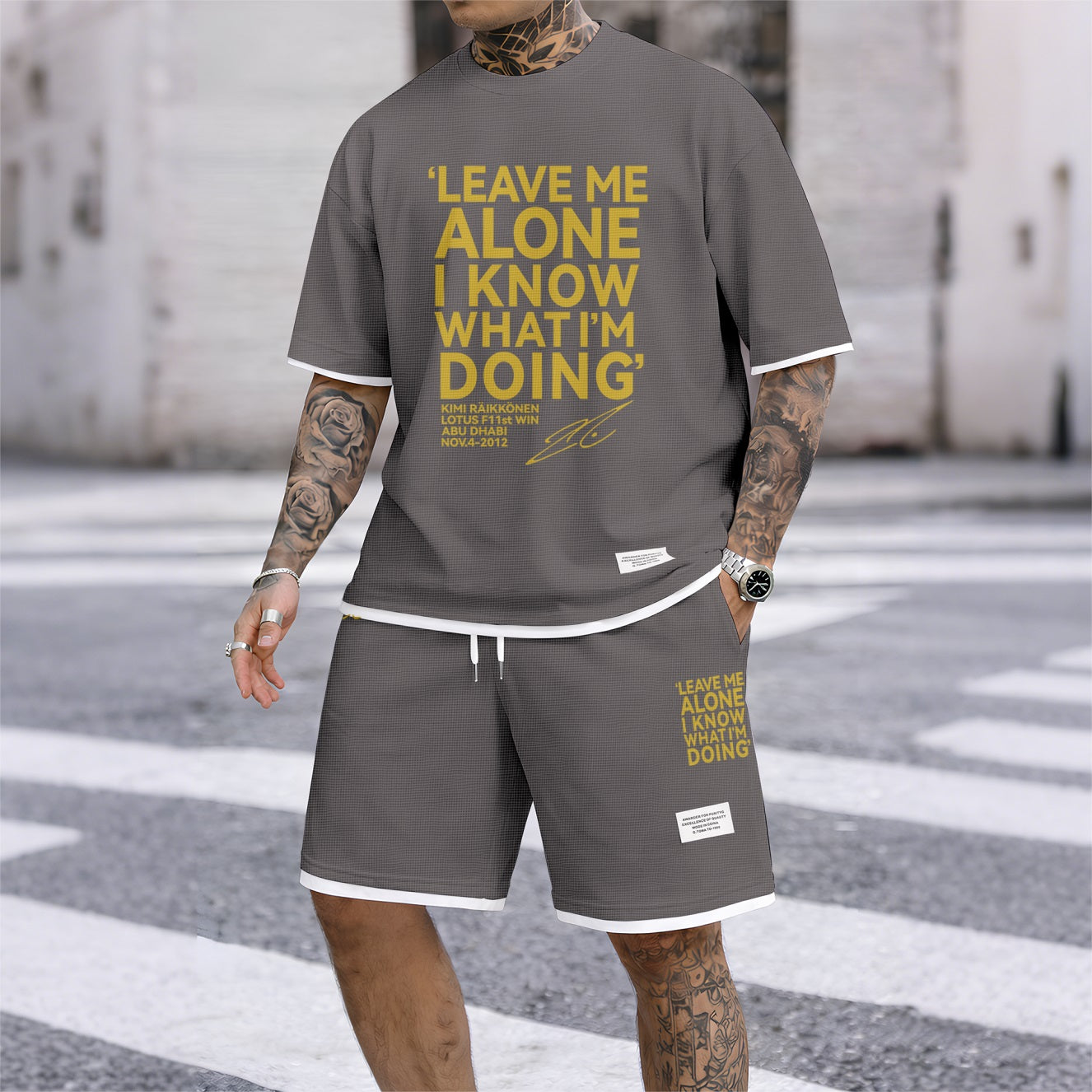Men's Racing Driver Quotes Print Waffle Fabric Short-Sleeved Shirt And Shorts Set