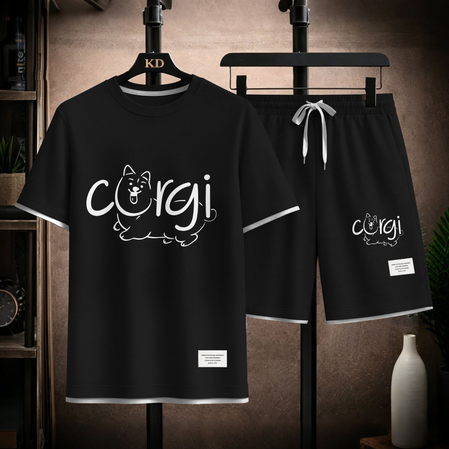 Men's Corgi Graphic Print Short Sleeve Shirt and Drawstring Shorts Set, Casual Summer Two-Piece Outfit, Lightweight Breathable Relaxed Fit Athletic Set for Daily Wear, Beach, Vacation, Travel and Loungewear