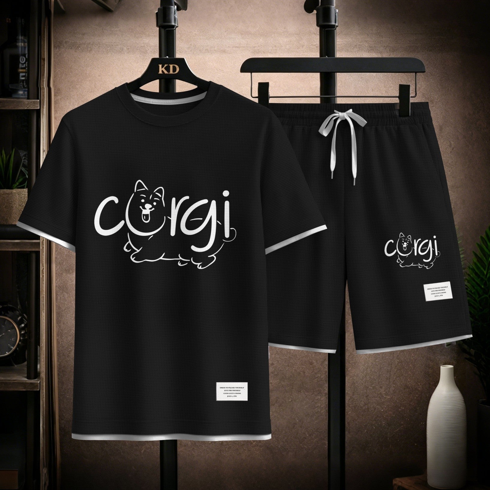 Men's Corgi Graphic Print Short Sleeve Shirt and Drawstring Shorts Set, Casual Summer Two-Piece Outfit, Lightweight Breathable Relaxed Fit Athletic Set for Daily Wear, Beach, Vacation, Travel and Loungewear