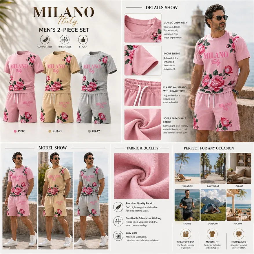 Men’s MILANO Graphic T Shirt and Shorts Set, Italy Inspired 2 Piece Matching Outfit with Short Sleeve Tee and Elastic Waist Drawstring Shorts, Soft Breathable Summer Set for Holiday, Street Style, Travel, and Everyday Wear