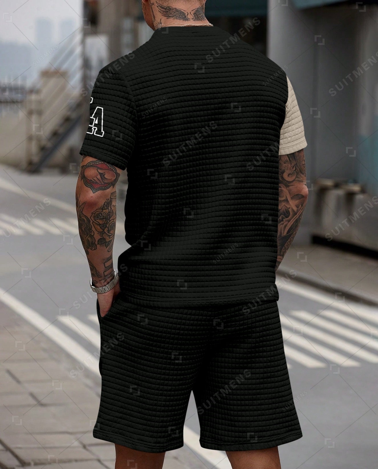 Men's Casual Waffle Textured Summer Round Neck Short Sleeve Shorts Set 009
