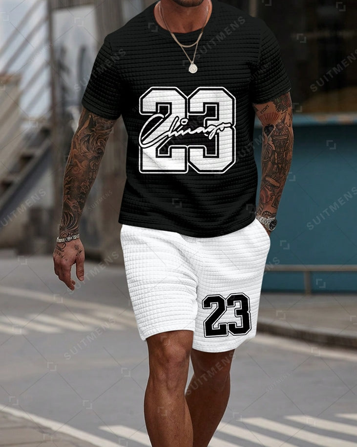 Men's Casual Waffle Textured Summer Round Neck Short Sleeve Shorts Set 003