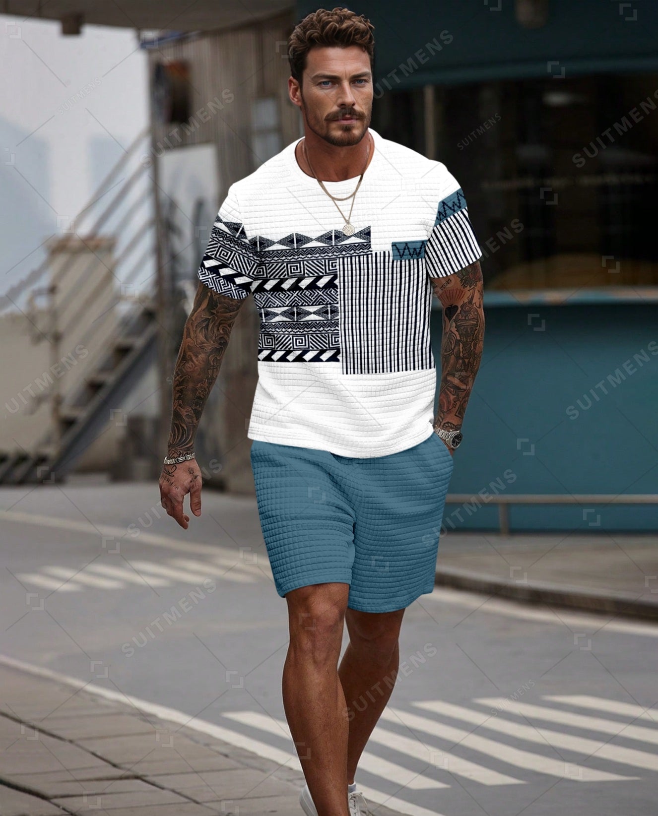 Men's Casual Waffle Textured Summer Round Neck Short Sleeve Shorts Set 002