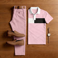 Men's Casual Pink Geometric Printed Polo Shirt And Pants Two-Piece Set