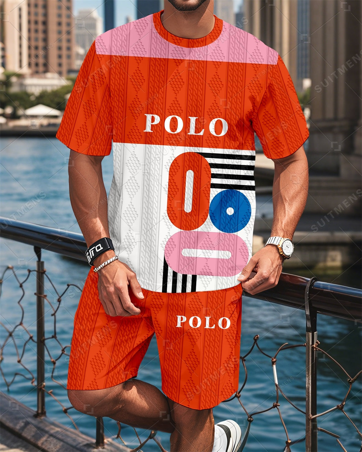 Men's Colorblock Round Neck Jacquard Texture Print Shorts Set  0014