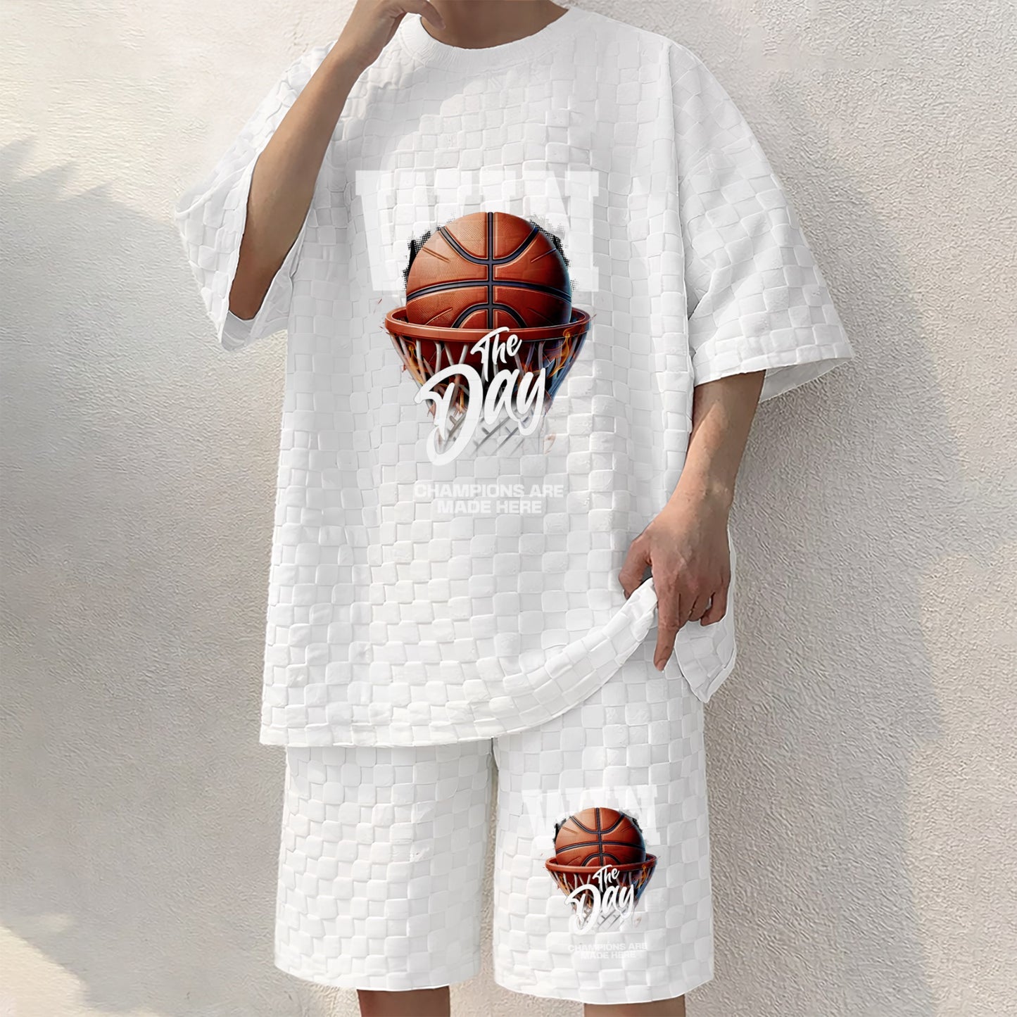 Men's Basketball Graphic Print Spring And Summer Drawstring Shorts Set, A Casual Summer Outfit, Including A Short-Sleeved Shirt And Shorts, Suitable For Everyday Wear And Sports Activities.