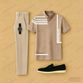 Men's Casual Khaki Stripes Printed Short-Sleeve T-Shirt And Pants Two-Piece Set