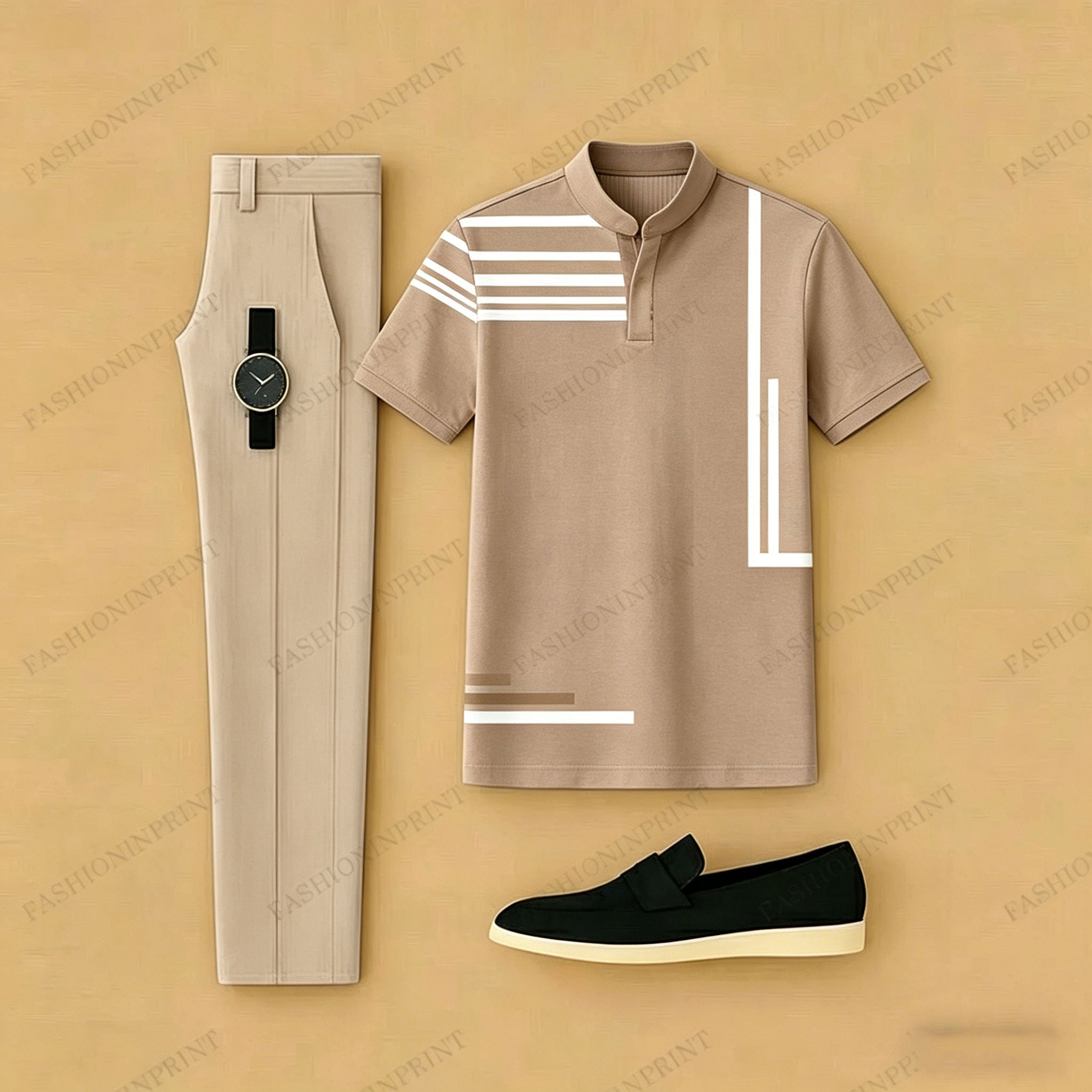 Men's Casual Khaki Stripes Printed Short-Sleeve T-Shirt And Pants Two-Piece Set