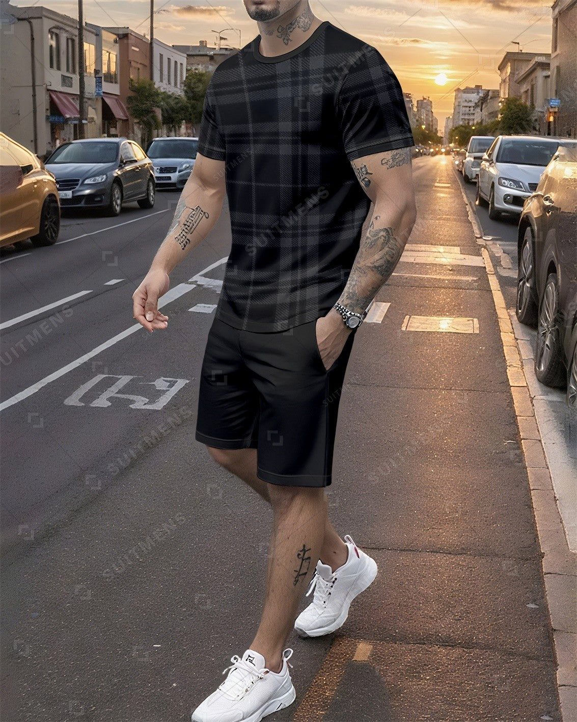 Men's Summer Colorblock Printed Round Neck Set 748