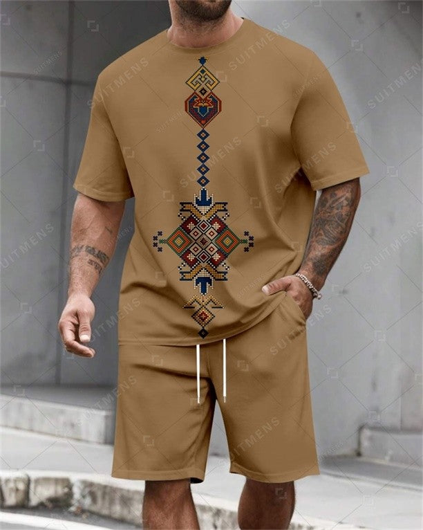 Men's Summer Retro Printed Round Neck Set 821