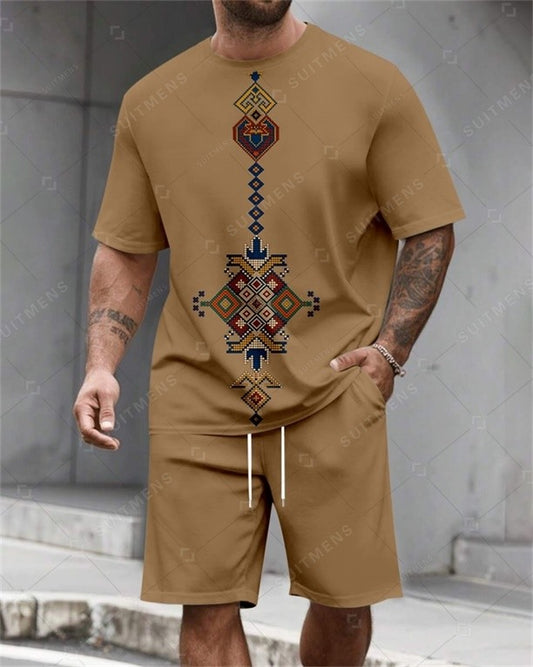Men's Summer Retro Printed Round Neck Set 821