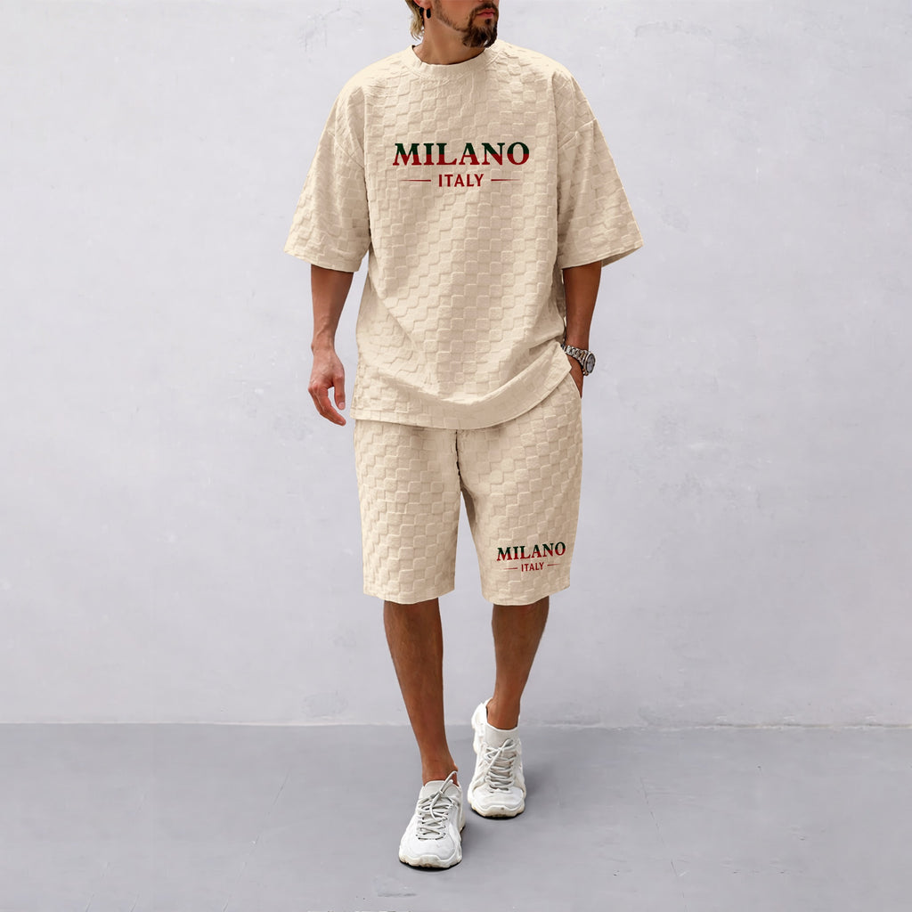 Men's Spring and Summer Milan Letter Print Checkered Fabric Drawstring Shorts Set, Casual Summer Outfit with Short-Sleeved Shirt and Shorts, Ideal for Everyday Wear and Sports Activities