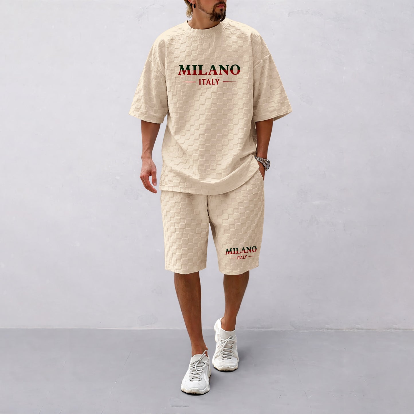 Men's Spring and Summer Milan Letter Print Checkered Fabric Drawstring Shorts Set, Casual Summer Outfit with Short-Sleeved Shirt and Shorts, Ideal for Everyday Wear and Sports Activities