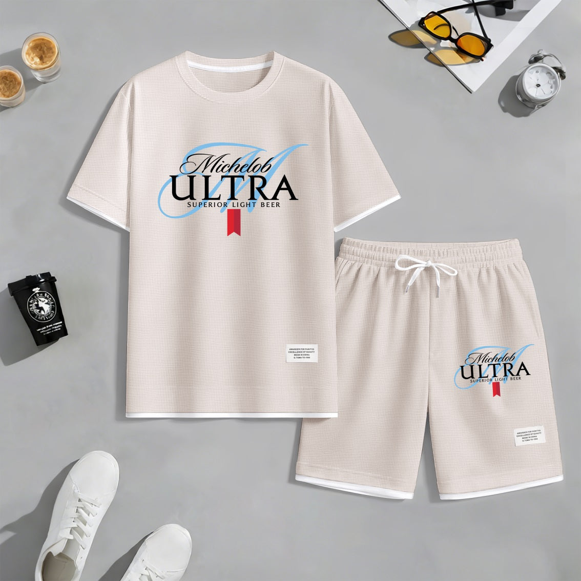 Men's Low-Calorie Healthy Living Print Waffle Fabric Short-Sleeved Shirt And Shorts Set