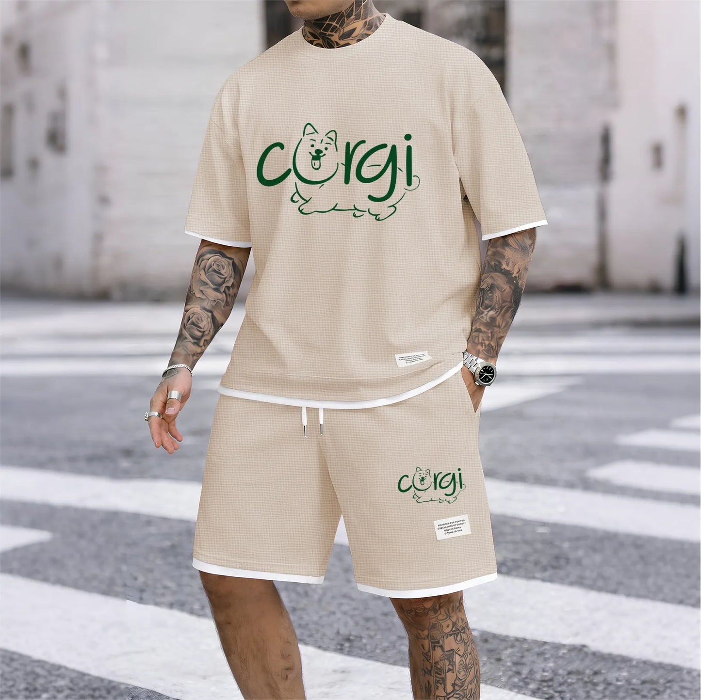 Men's Corgi Graphic Print Short Sleeve Shirt and Drawstring Shorts Set, Casual Summer Two-Piece Outfit, Lightweight Breathable Relaxed Fit Athletic Set for Daily Wear, Beach, Vacation, Travel and Loungewear