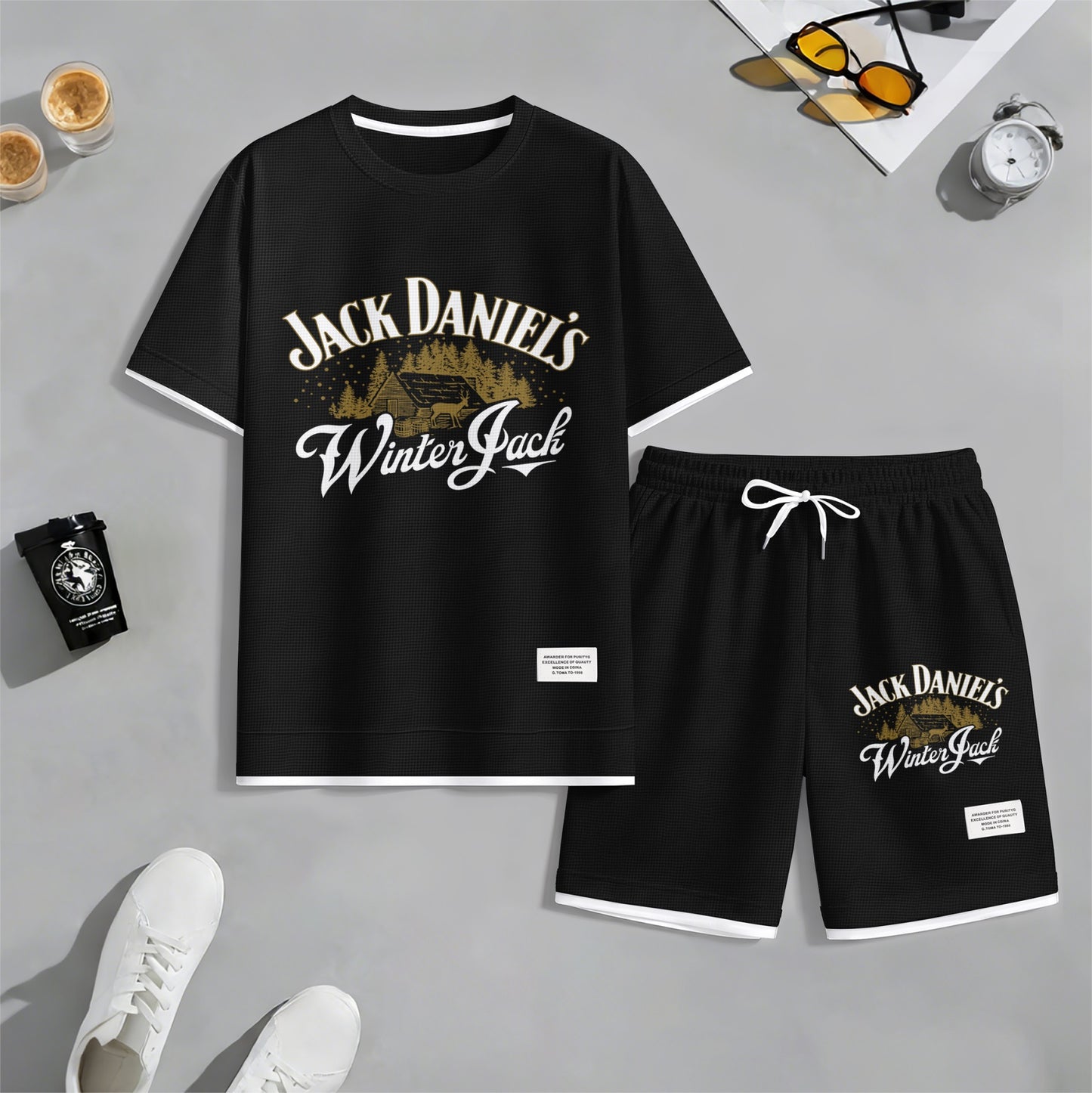 Men's Beer And Beverage Printed Drawstring Shorts Set, Suitable For Spring And Summer Wear, Casual Summer Set, Including Short-Sleeved Shirt And Shorts, Suitable For Everyday Wear And Sports 010