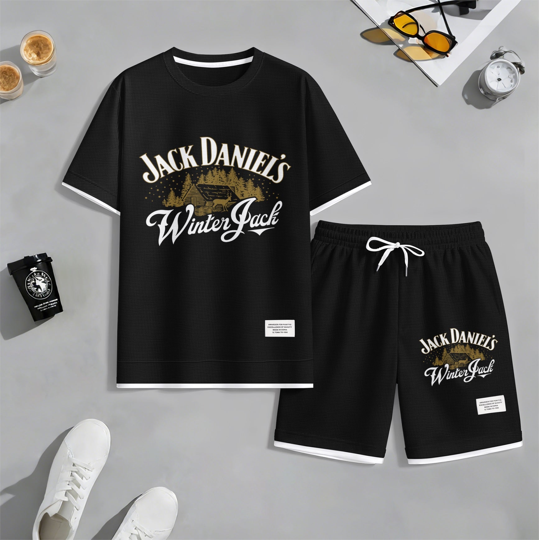 Men's Beer And Beverage Printed Drawstring Shorts Set, Suitable For Spring And Summer Wear, Casual Summer Set, Including Short-Sleeved Shirt And Shorts, Suitable For Everyday Wear And Sports 010