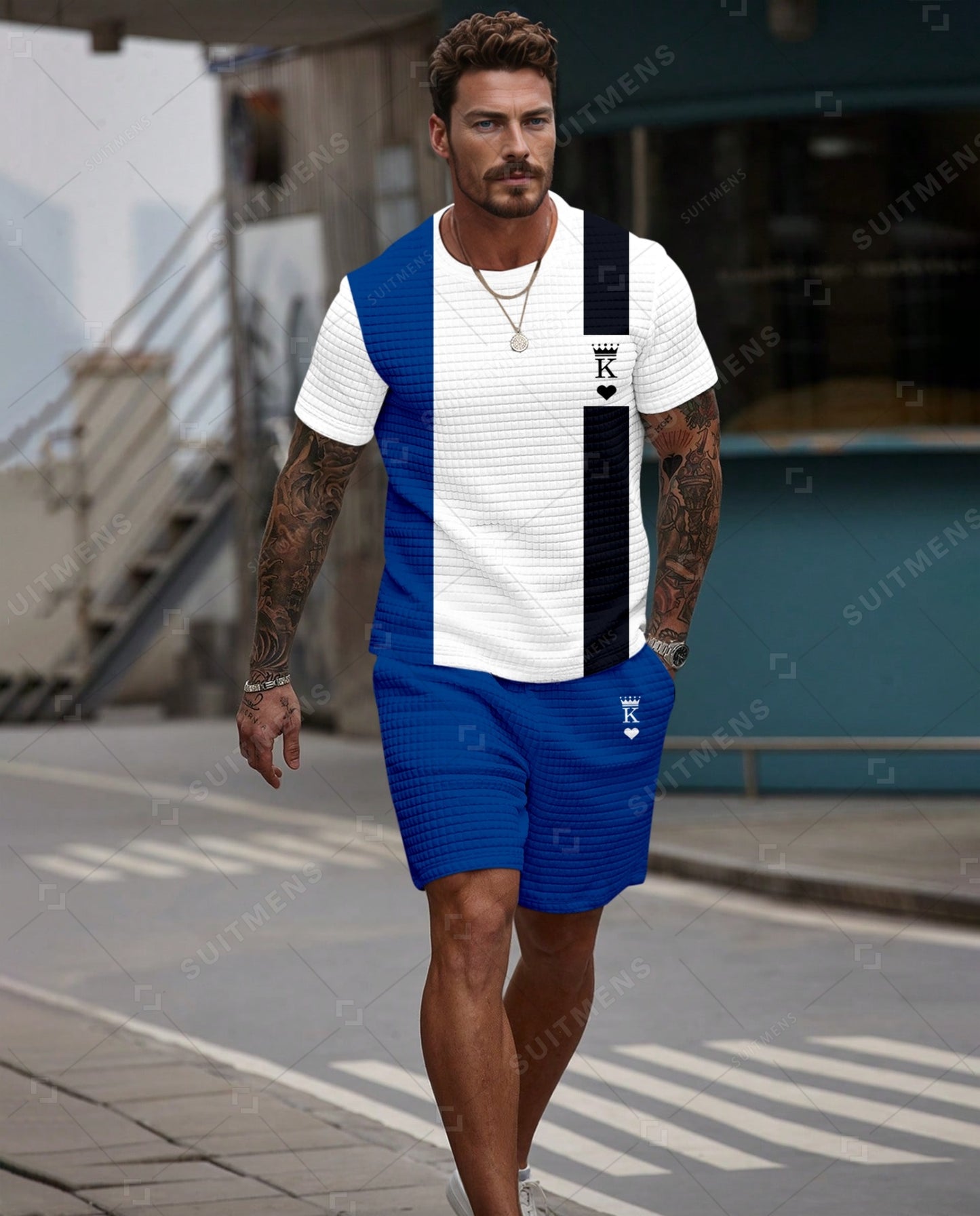 Men's Casual Waffle Textured Summer Round Neck Short Sleeve Shorts Set 0027