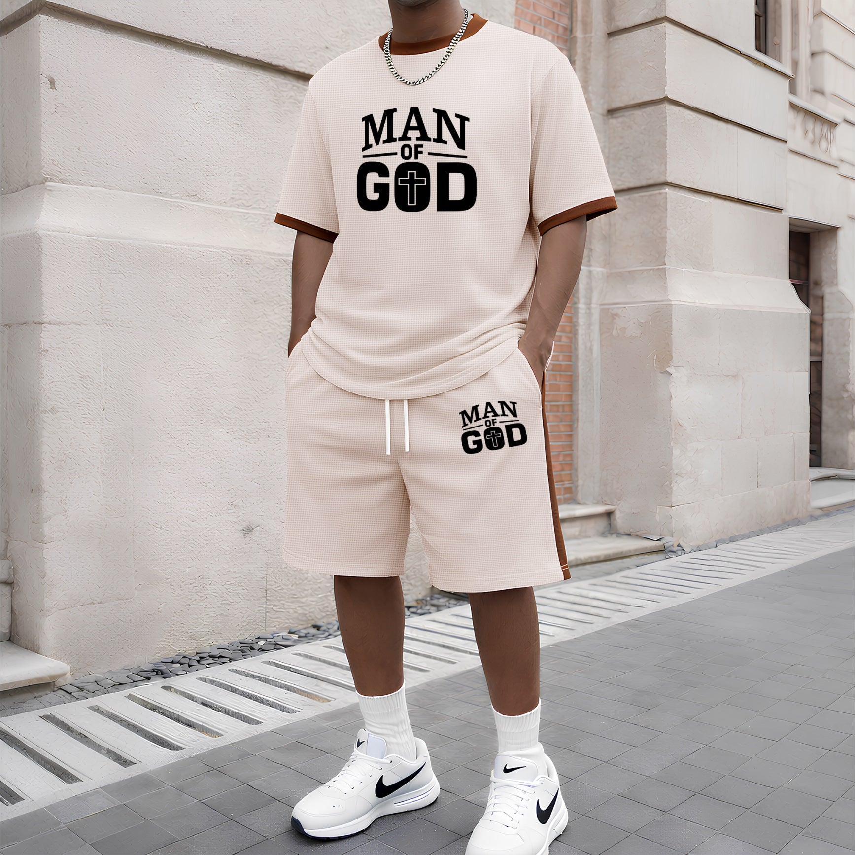 Men's God Graphic Short-Sleeved T-Shirt And Drawstring Shorts Set, Men's Clothing, Casual Sports Short-Sleeved Top And Shorts, Men's Summer Everyday Wear, Indoor And Outdoor Sportswear, Sports Set