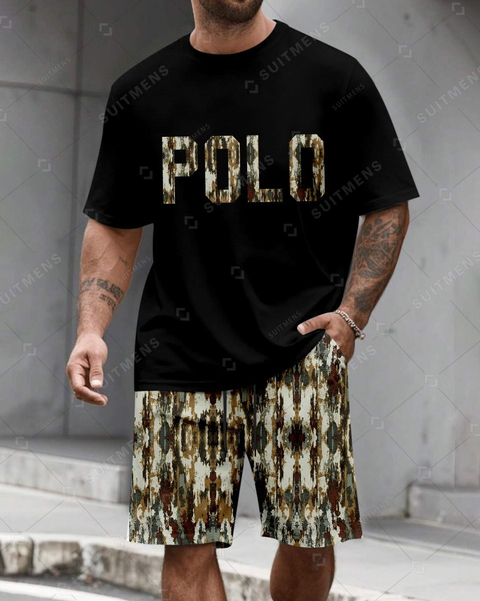 Men's Summer Colorblock Printed Round Neck Set 489