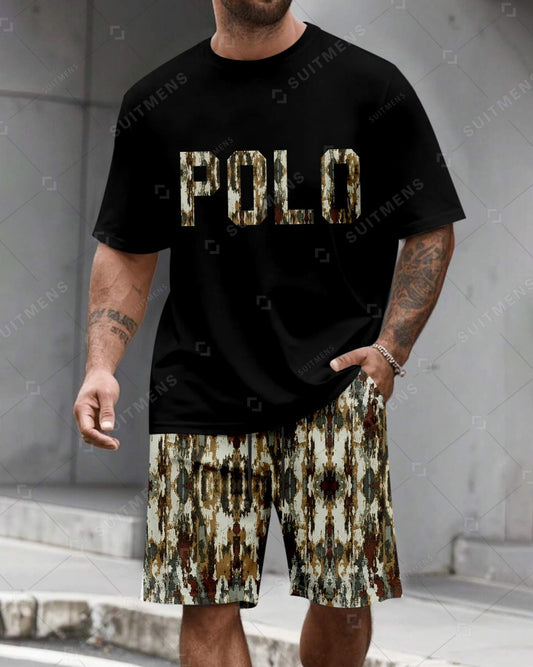 Men's Summer Colorblock Printed Round Neck Set 489