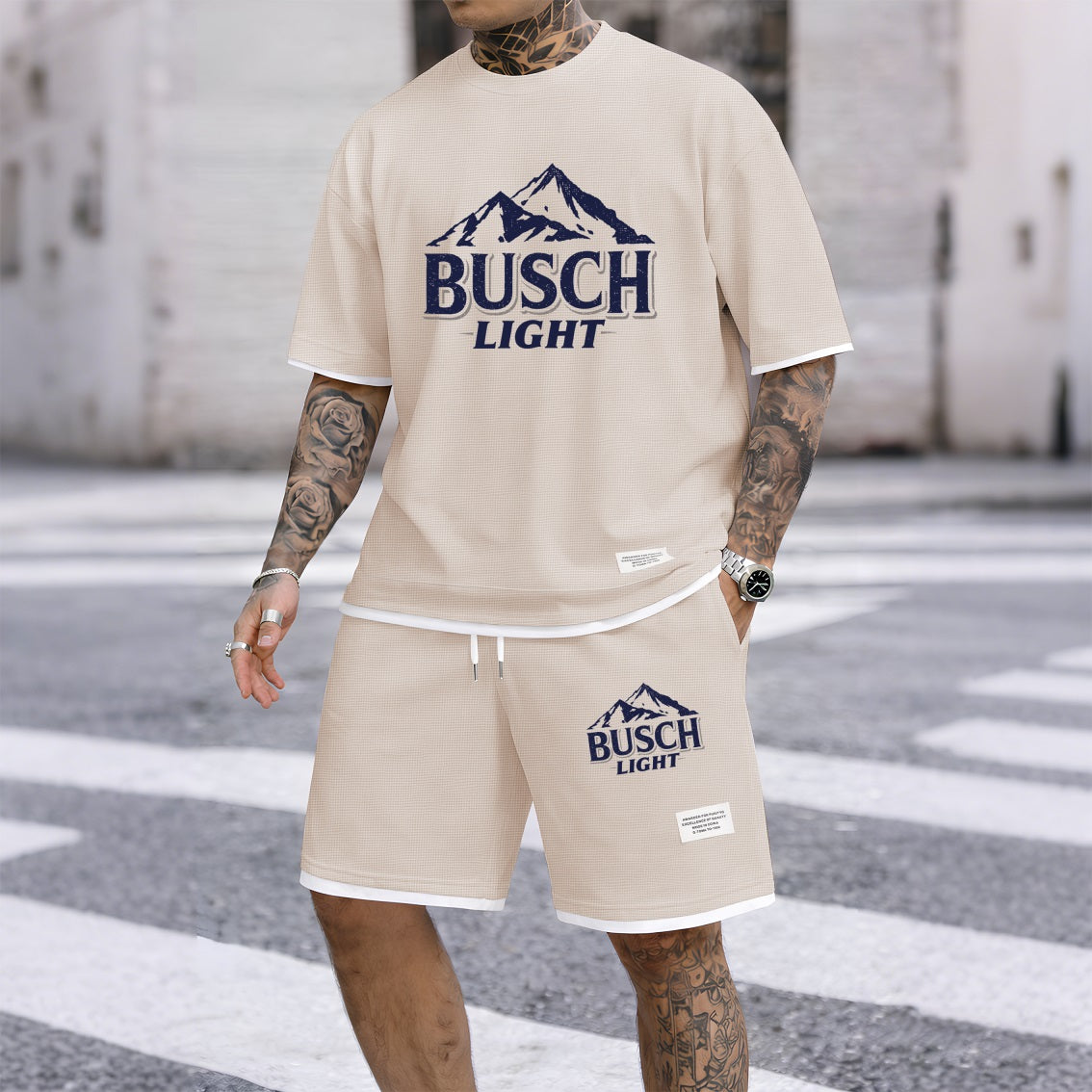 Men's Retro Mountain Beer Print Waffle Fabric Short-Sleeved Shirt And Shorts Set
