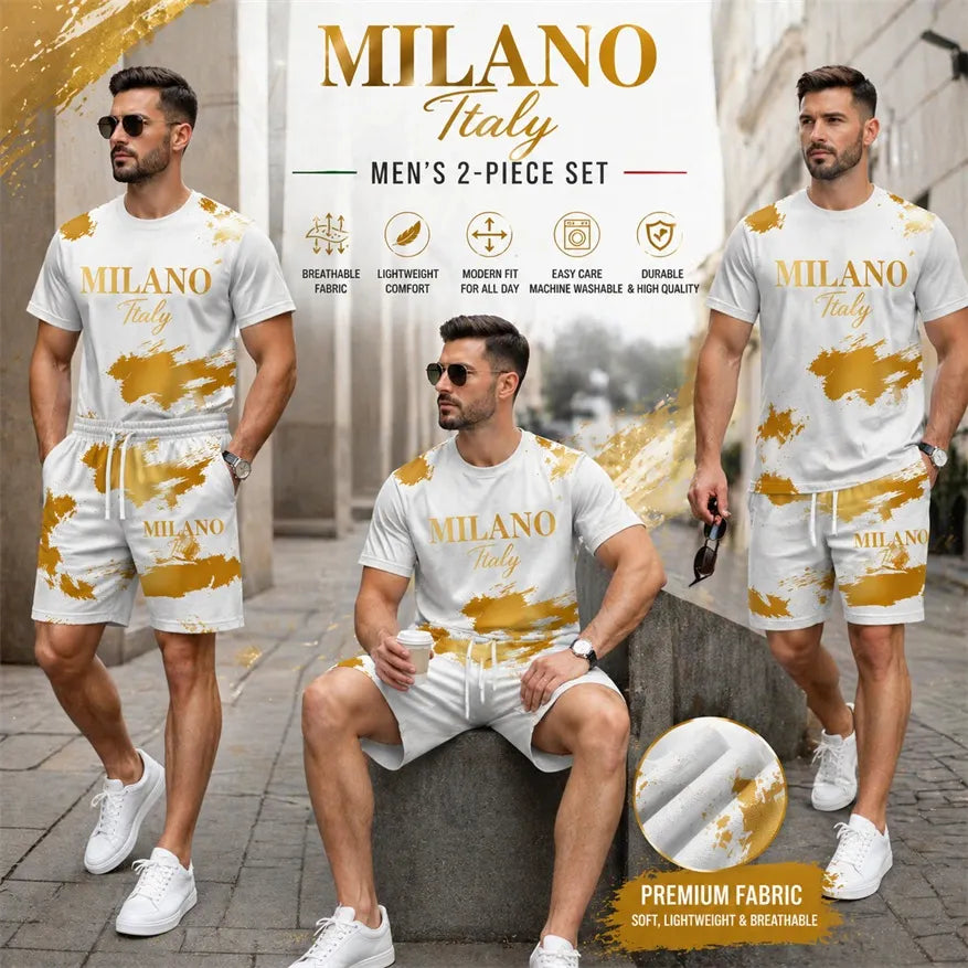 Men’s MILANO Graphic T Shirt and Shorts Set, Italy Inspired 2 Piece Matching Outfit with Short Sleeve Tee and Elastic Waist Drawstring Shorts, Soft Breathable Summer Set for Holiday, Street Style, Travel, and Everyday Wear