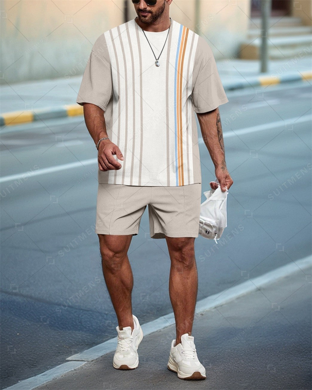 Men's Striped Colorblock Casual Summer Round Neck Set 0119