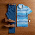 Men's Casual Blue Color Matching Gradient Printed Short Sleeved Polo Shirt & Trousers Two-Piece Set