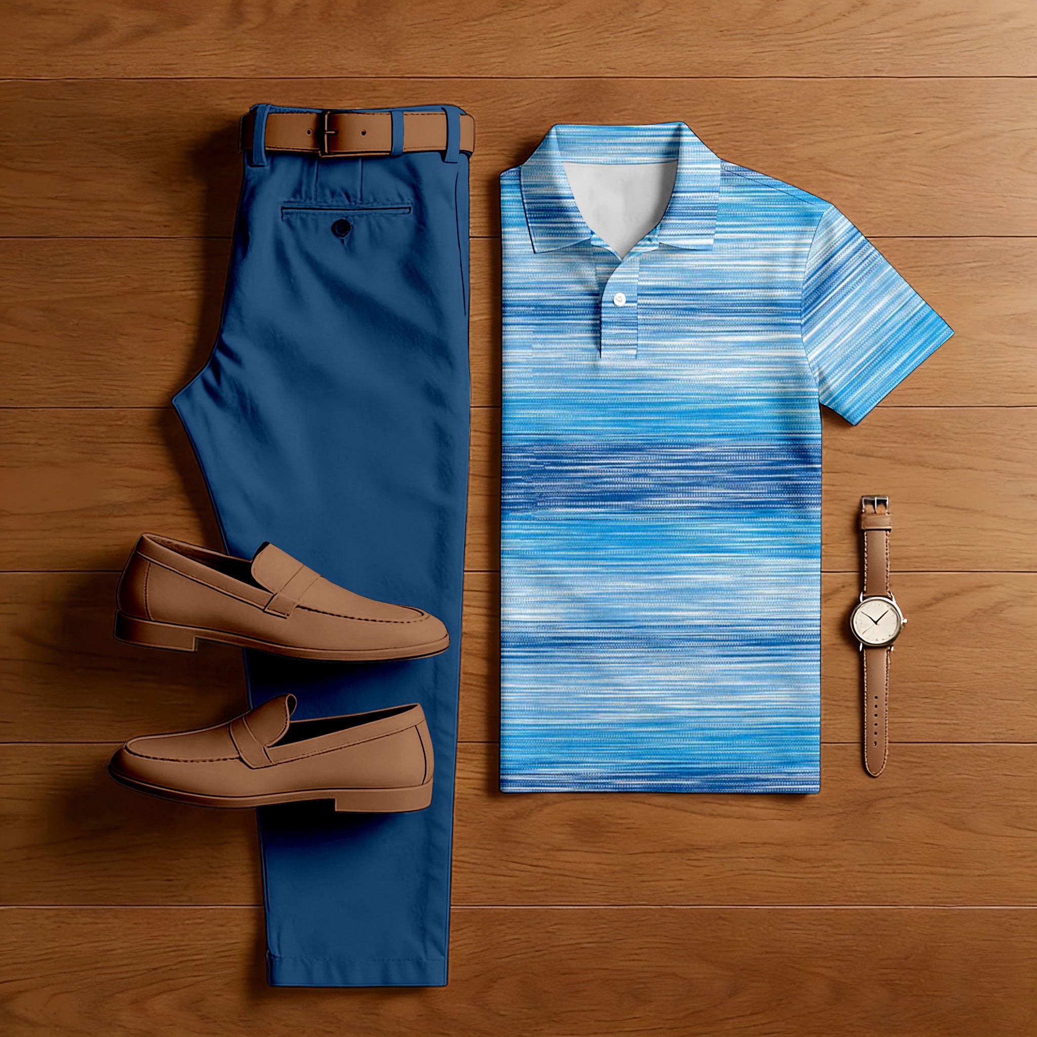 Men's Casual Blue Color Matching Gradient Printed Short Sleeved Polo Shirt & Trousers Two-Piece Set
