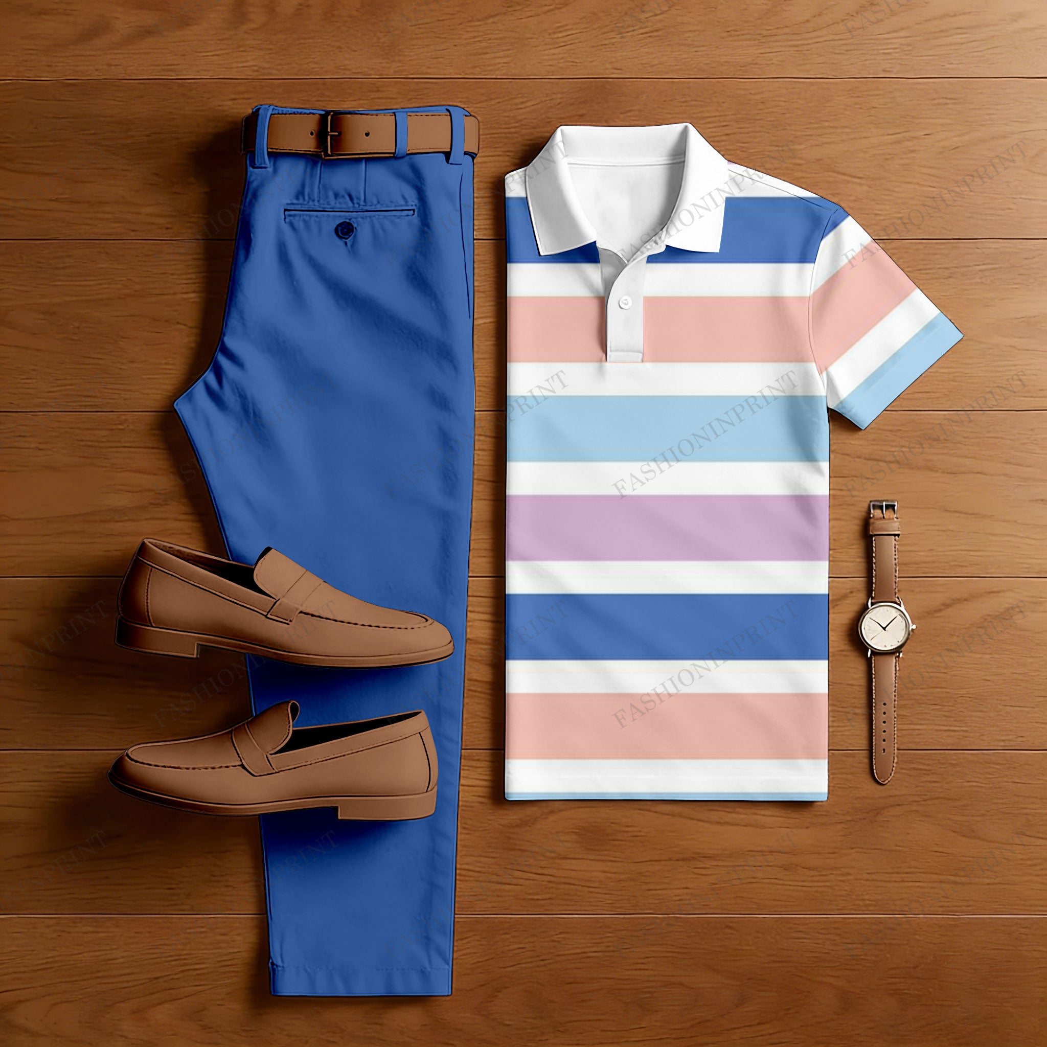 Men's Casual Multicolor Geometry Printed Polo Shirt And Pants Two-Piece Set