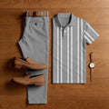 Men's Casual Grey Stripes Printed Polo Shirt And Pants Two-Piece Set