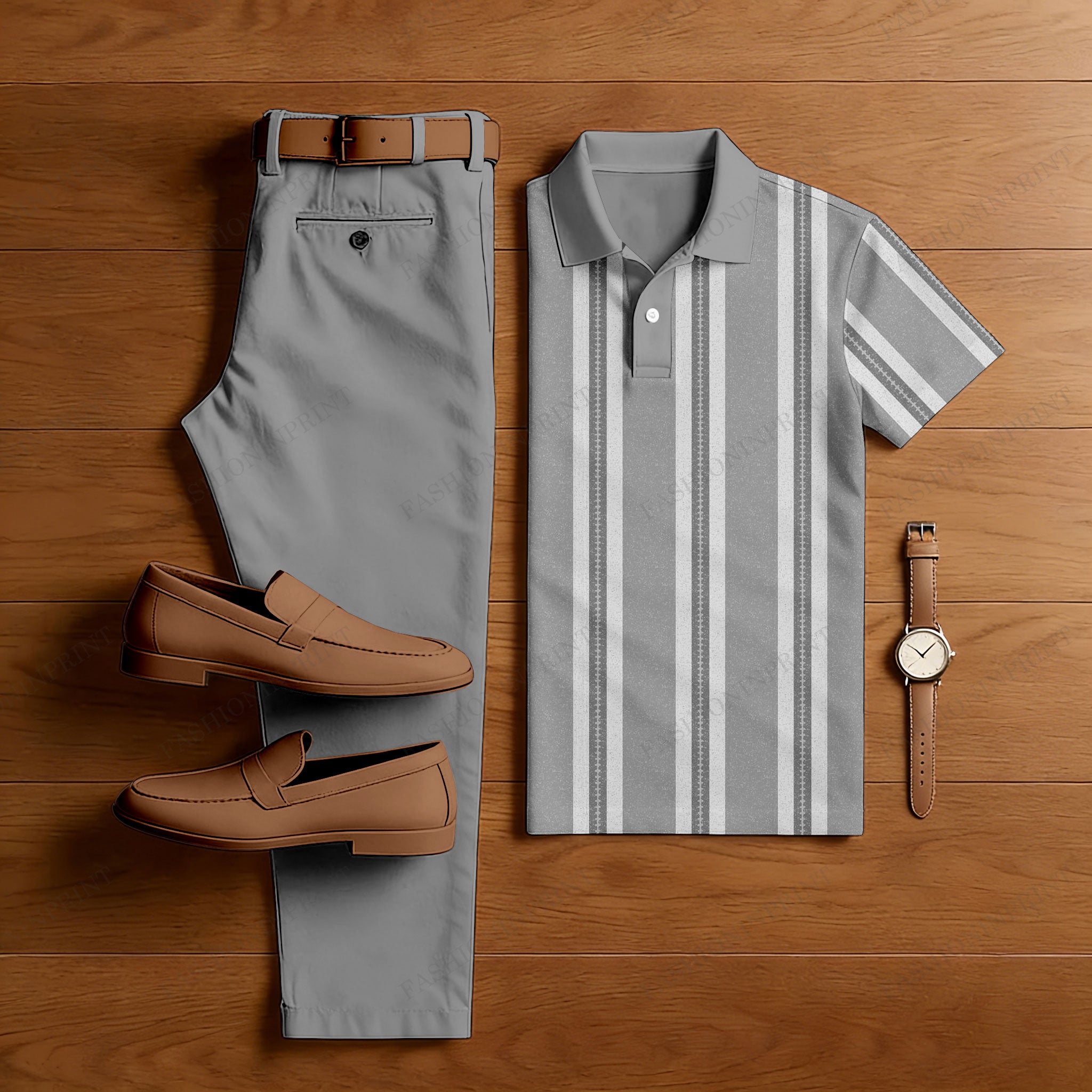 Men's Casual Grey Stripes Printed Polo Shirt And Pants Two-Piece Set
