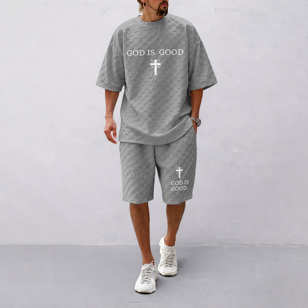 Men's Spring and Summer God is Good Letter Print Checkered Fabric Drawstring Shorts Set, Casual Summer Outfit with Short-Sleeved Shirt and Shorts, Ideal for Everyday Wear and Sports Activities