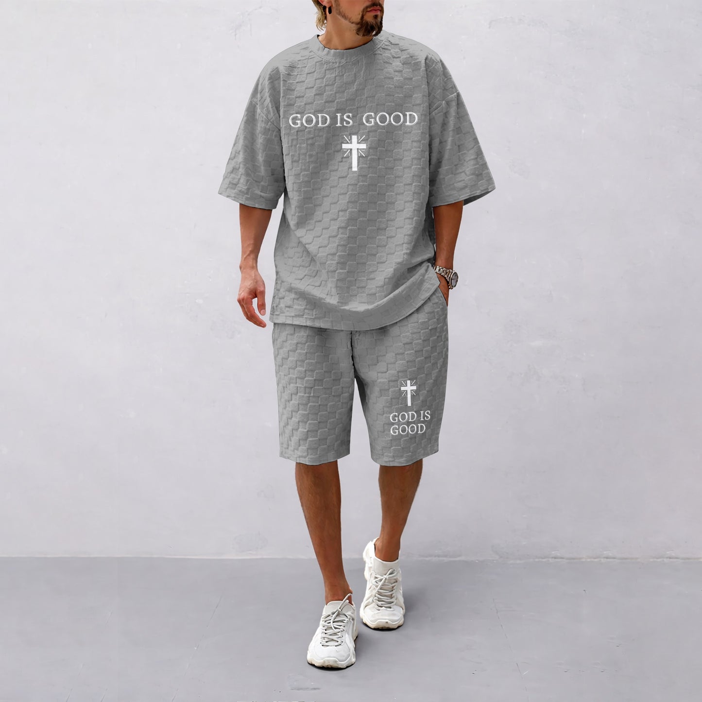 Men's Spring and Summer God is Good Letter Print Checkered Fabric Drawstring Shorts Set, Casual Summer Outfit with Short-Sleeved Shirt and Shorts, Ideal for Everyday Wear and Sports Activities