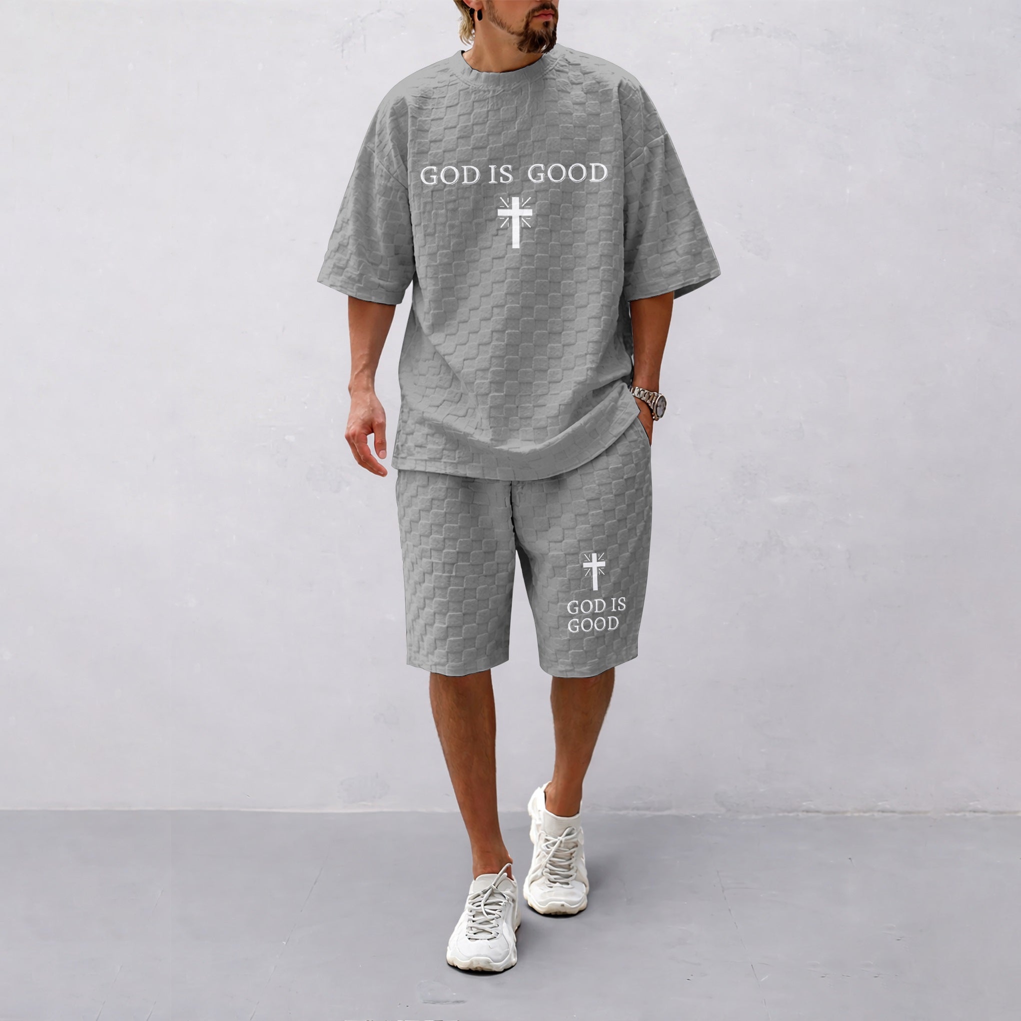 Men's Spring and Summer God is Good Letter Print Checkered Fabric Drawstring Shorts Set, Casual Summer Outfit with Short-Sleeved Shirt and Shorts, Ideal for Everyday Wear and Sports Activities