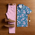 Men's Casual Blue & Pink Maple Leaves Printed Polo Shirt And Pants Two-Piece Set