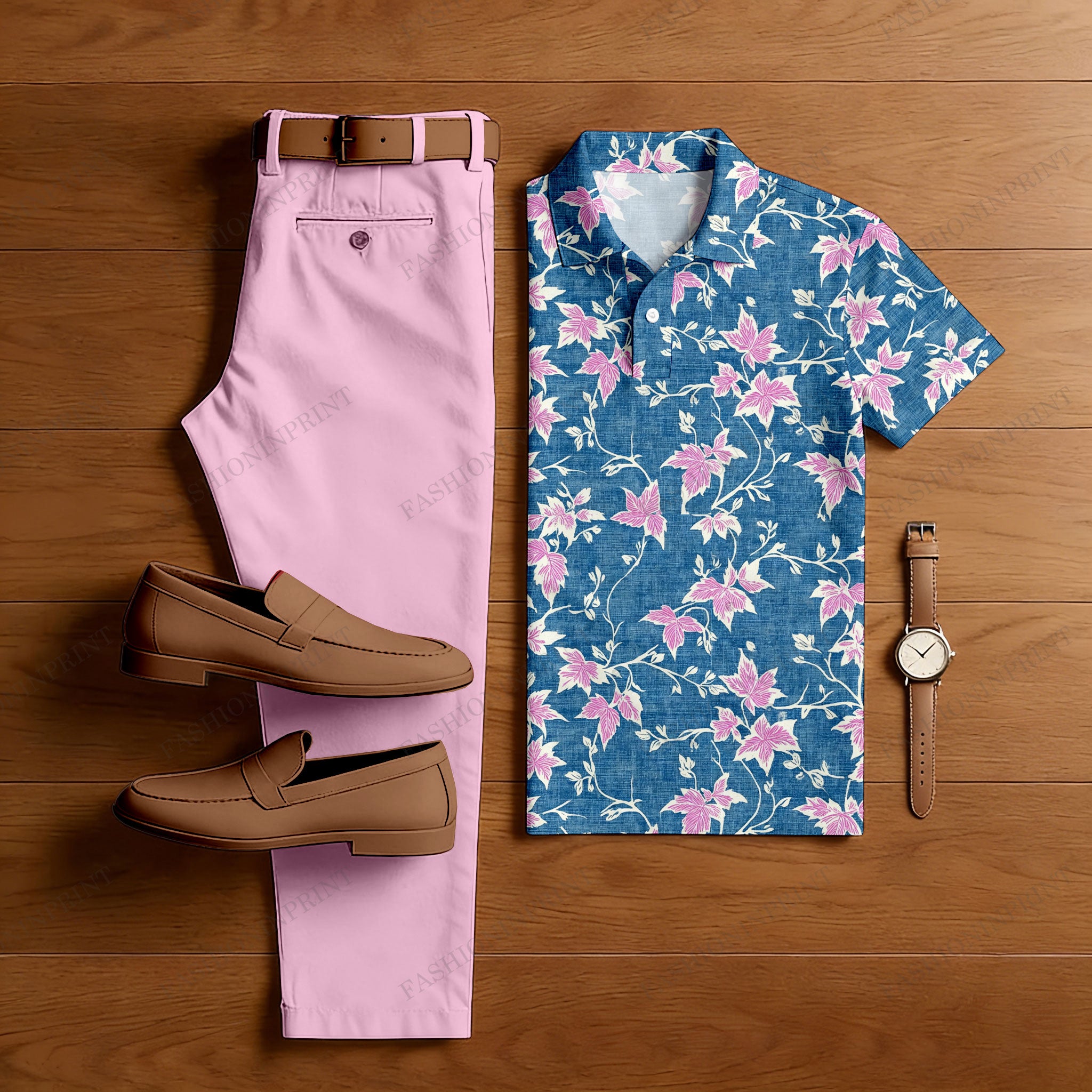 Men's Casual Blue & Pink Maple Leaves Printed Polo Shirt And Pants Two-Piece Set