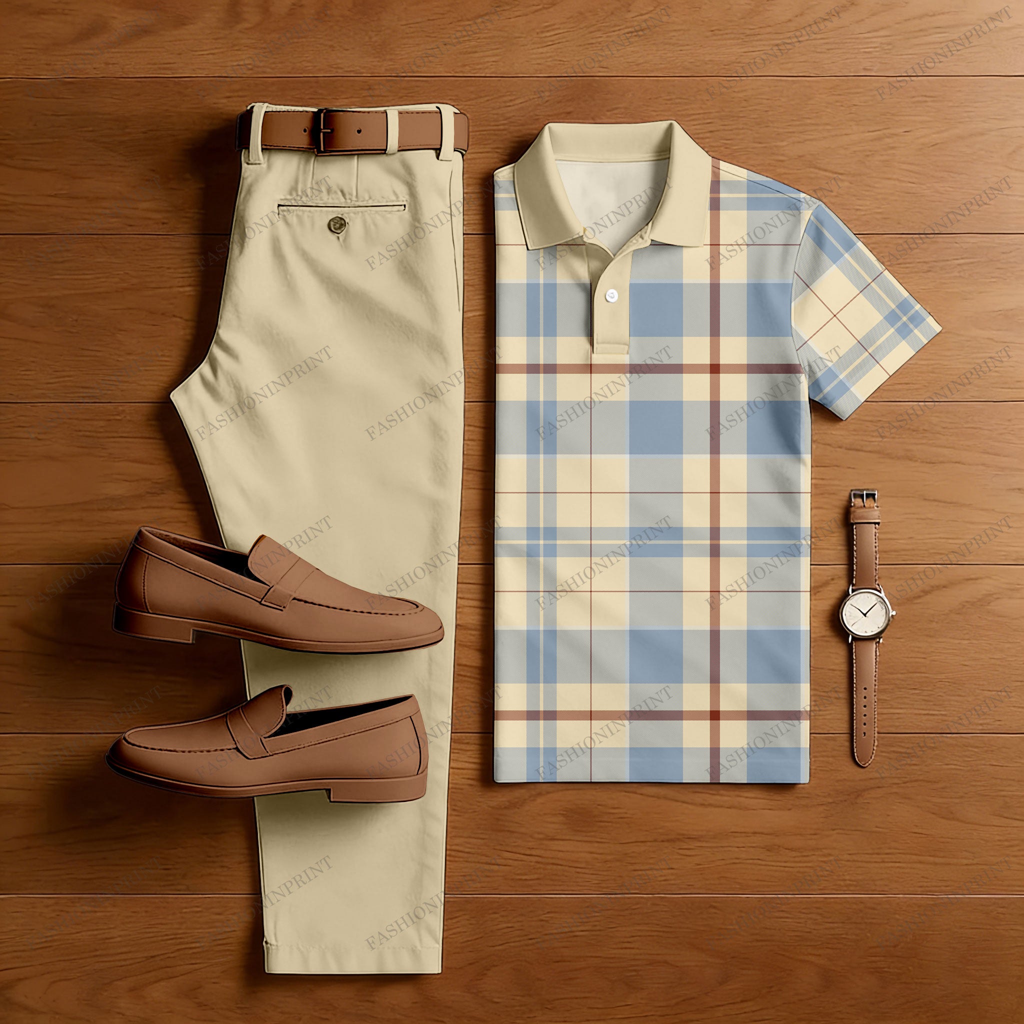 Men's Casual Blue & Yellow Khaki Color Matching Checkered Printed Short Sleeved Polo Shirt & Trousers Two-Piece Set